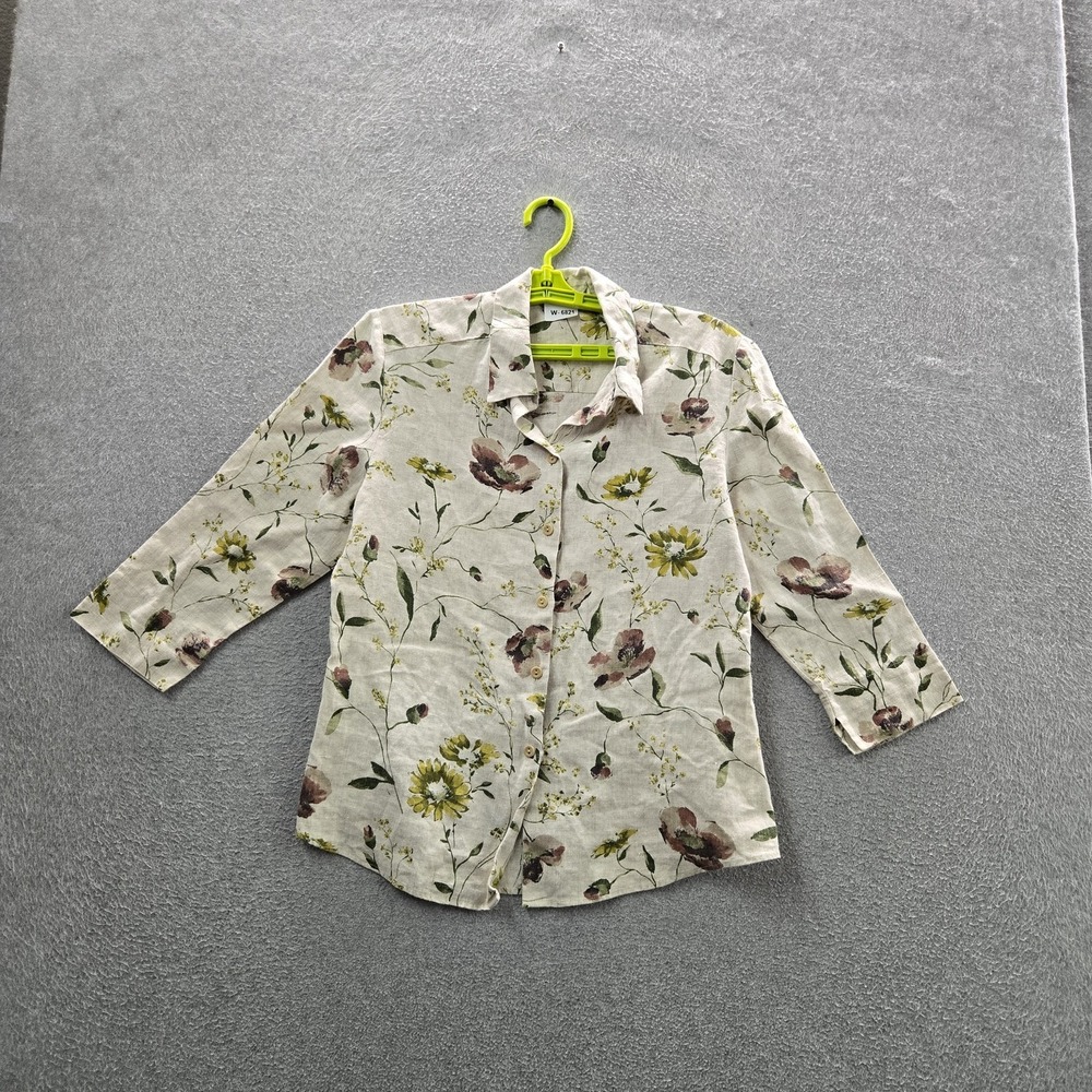 Caroll Women Button Up Shirt 40 Beige Floral Linen Made In France Coastal Beachy